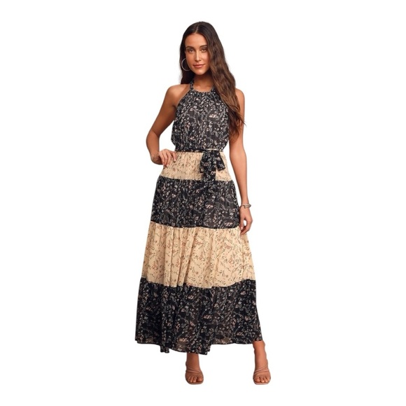 LULUS Mixed Message Black and Beige Floral Print
Halter Maxi Dress Size M Party - Picture 3 of 9